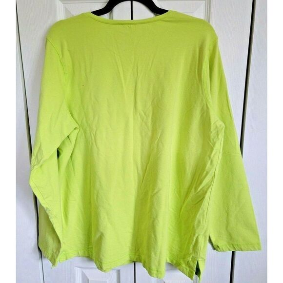 Quacker Factory 3/4 Sleeve‎ Stretch Knit Top Sz Large Lime Green Beaded Flower - Picture 2 of 4